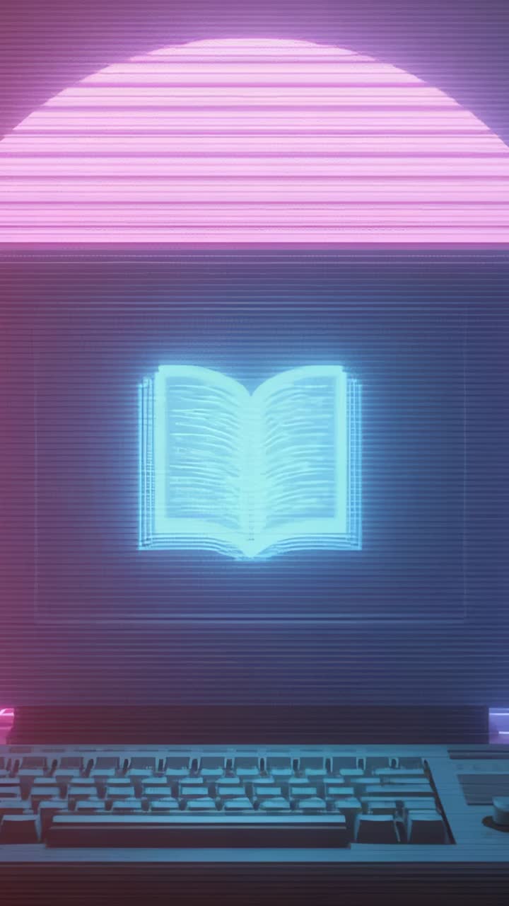 Vertical video: Showing monitor displaying open-book icon under neon half-sun on desk with keyboard