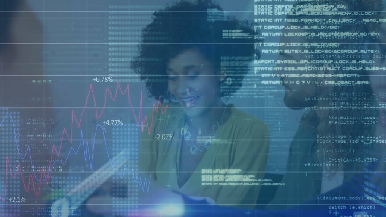 Animation of statistics and financial data processing over diverse business people