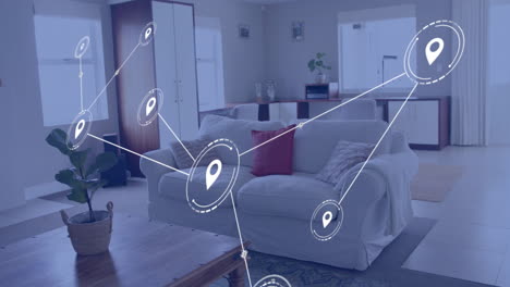 animation of network of connections with icons over house interior