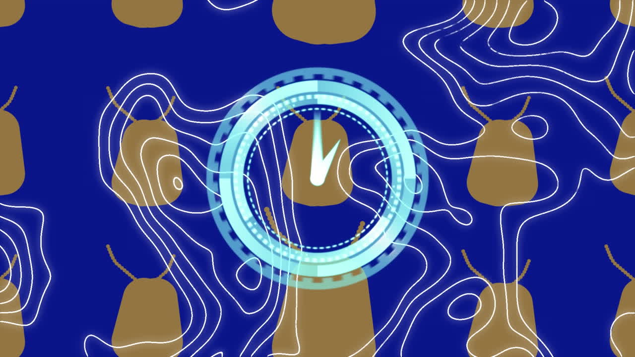 파란색 배경의  ⁇ 색 지도 선과 모양 위에 빠르게 움직이는 시계의 애니메이션