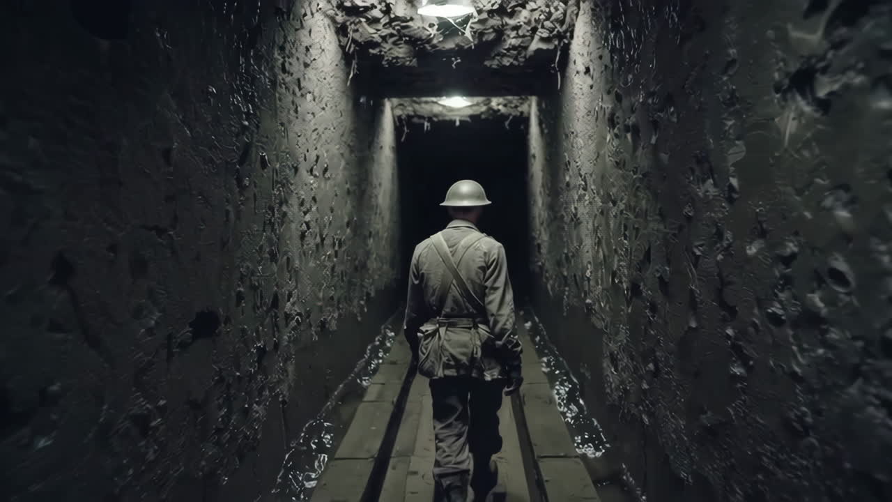 Soldier Walking Through a Dark Wartime Tunnel