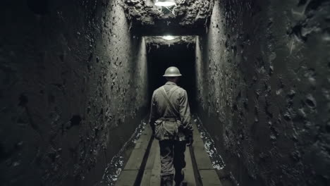 soldier walking through a dark wartime tunnel