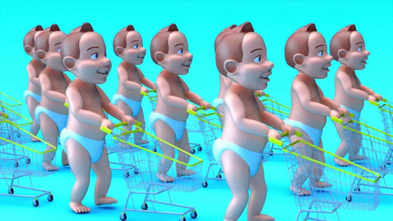 4k divertida animación de dibujos animados de un bebé de compras
