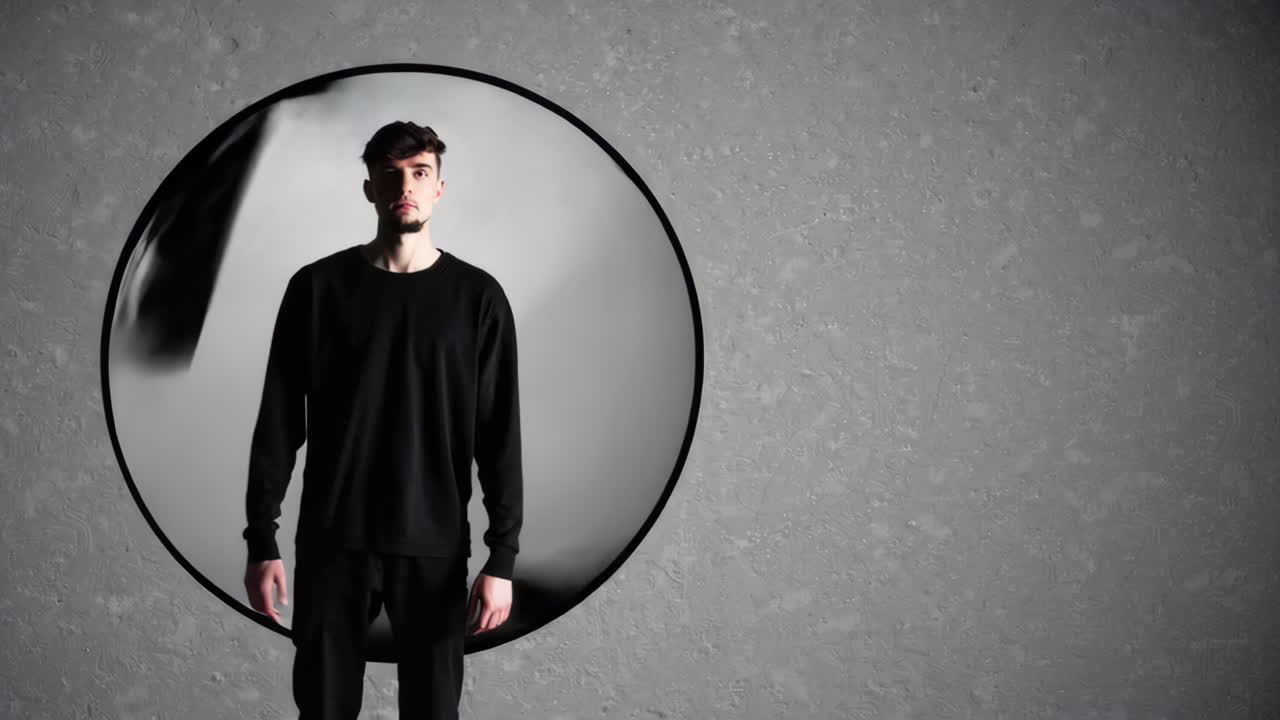 Man in Black Outfit Standing in a Circular Frame Against a Grey Wall