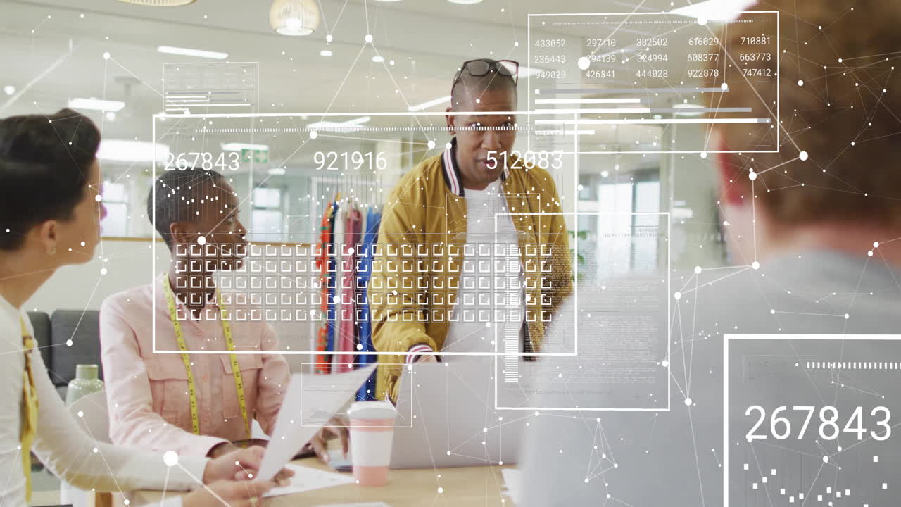 Fashion designers collaborating with digital data processing animation overlay