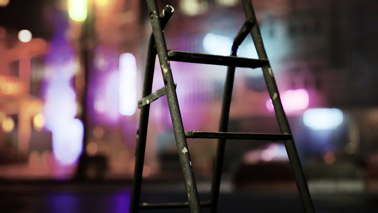 Ladder stands in the foreground with vibrant city lights in the background