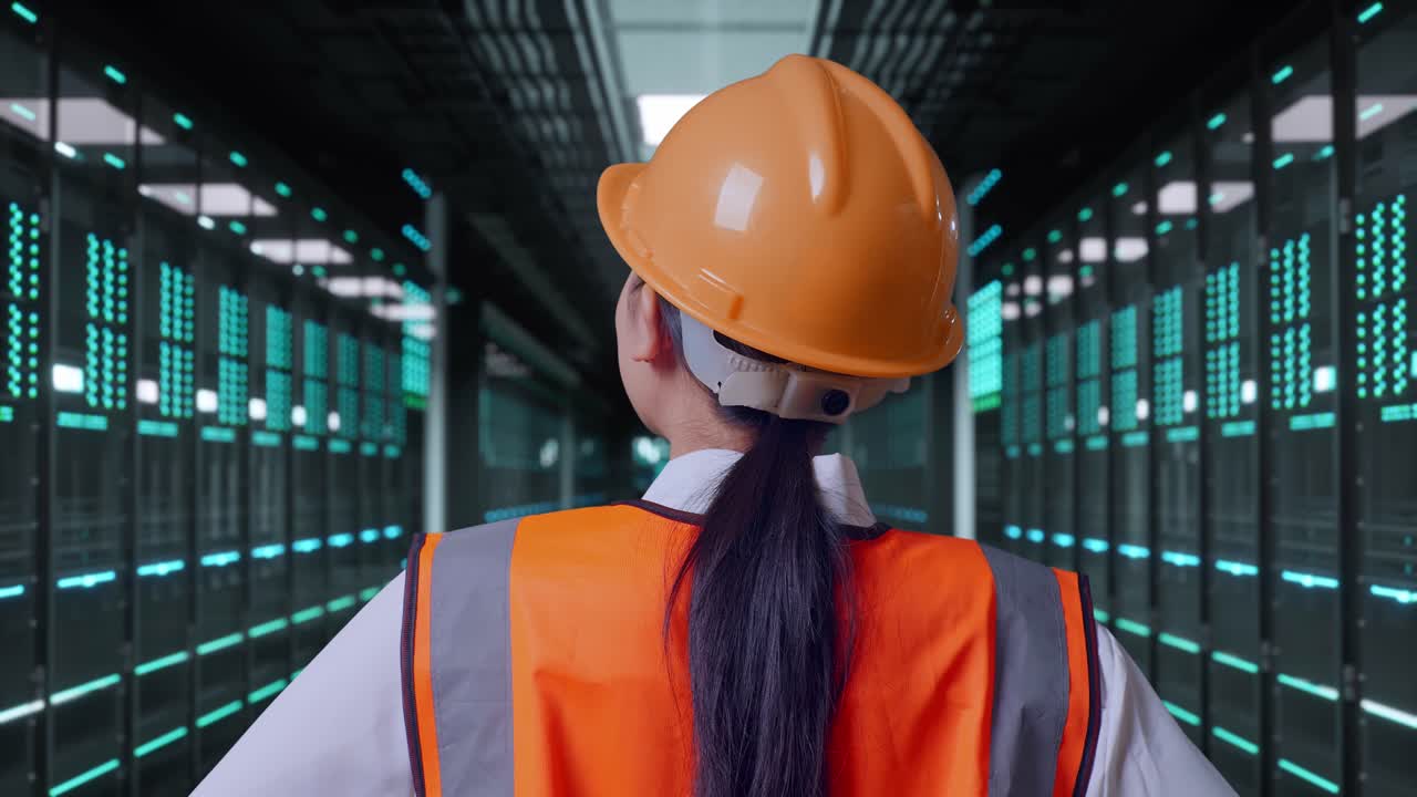 Vista posteriore ravvicinata di un'ingegnera con casco di sicurezza che si guarda intorno mentre è in piedi con le mani sui fianchi nella sala server di un data center.