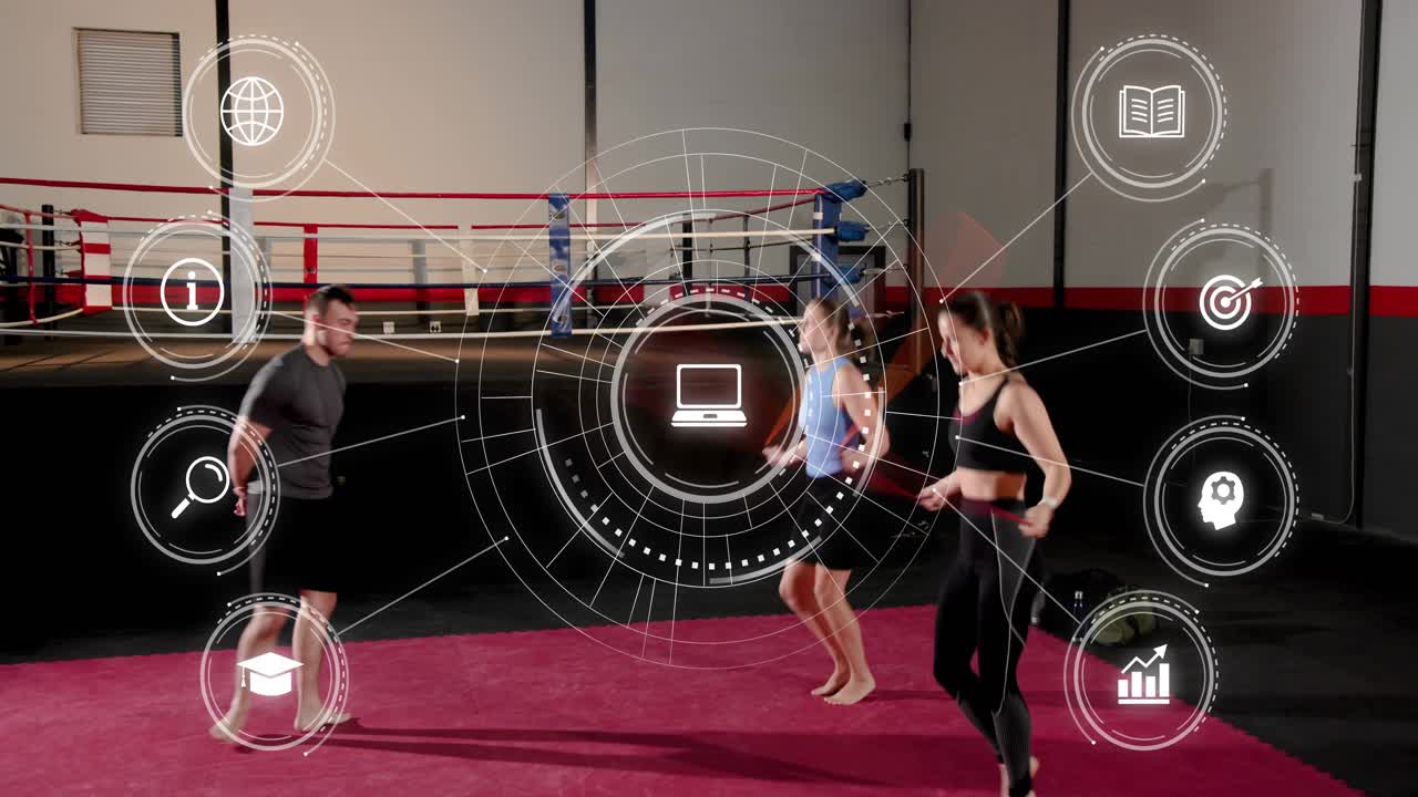 At start coach watching two women doing in-sync doubleunders for boxing fitness, HUD tracking