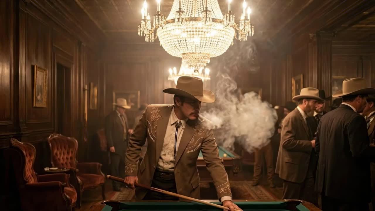 Dumanlı havada bilardo oynayan eski kovboylar