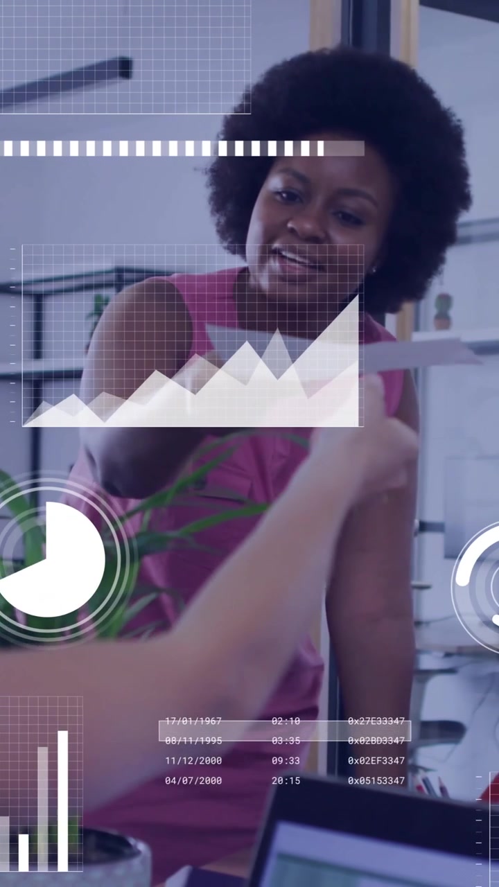 Animation of financial data processing over diverse business people in office