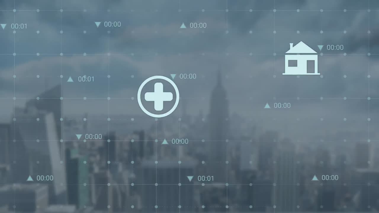 도시 풍경의 공중 시야에 대한 그리드 네트워크를 통해 여러 디지털 아이콘의 애니메이션