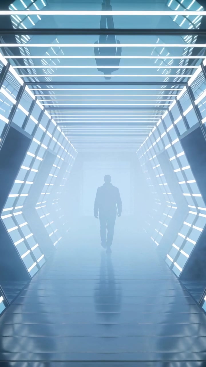Video verticale: Uomo in abito che cammina e si avvicina alla telecamera in un corridoio a LED, retroilluminato che lo rivela nella nebbia
