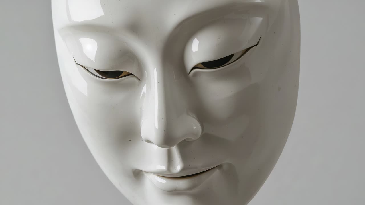 White glossy ceramic mask reflecting alternating warm side light in studio, showing black eyeliner