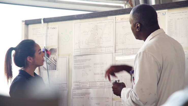 Tutor Discussing Technical Drawings With Apprentice Engineer