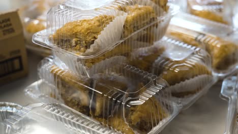 Slow-motion-rotation-around-packaged-Greek-Baklava