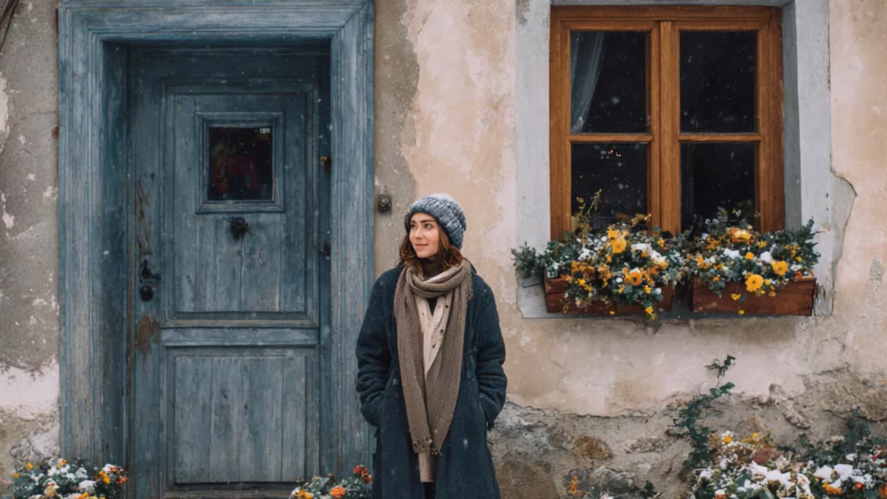 A Young Woman Smiling Peacefully in Winter Attire, Standing by a Rustic Door and Flower-Adorned Windowsill in a Charming Snowy Village Setting