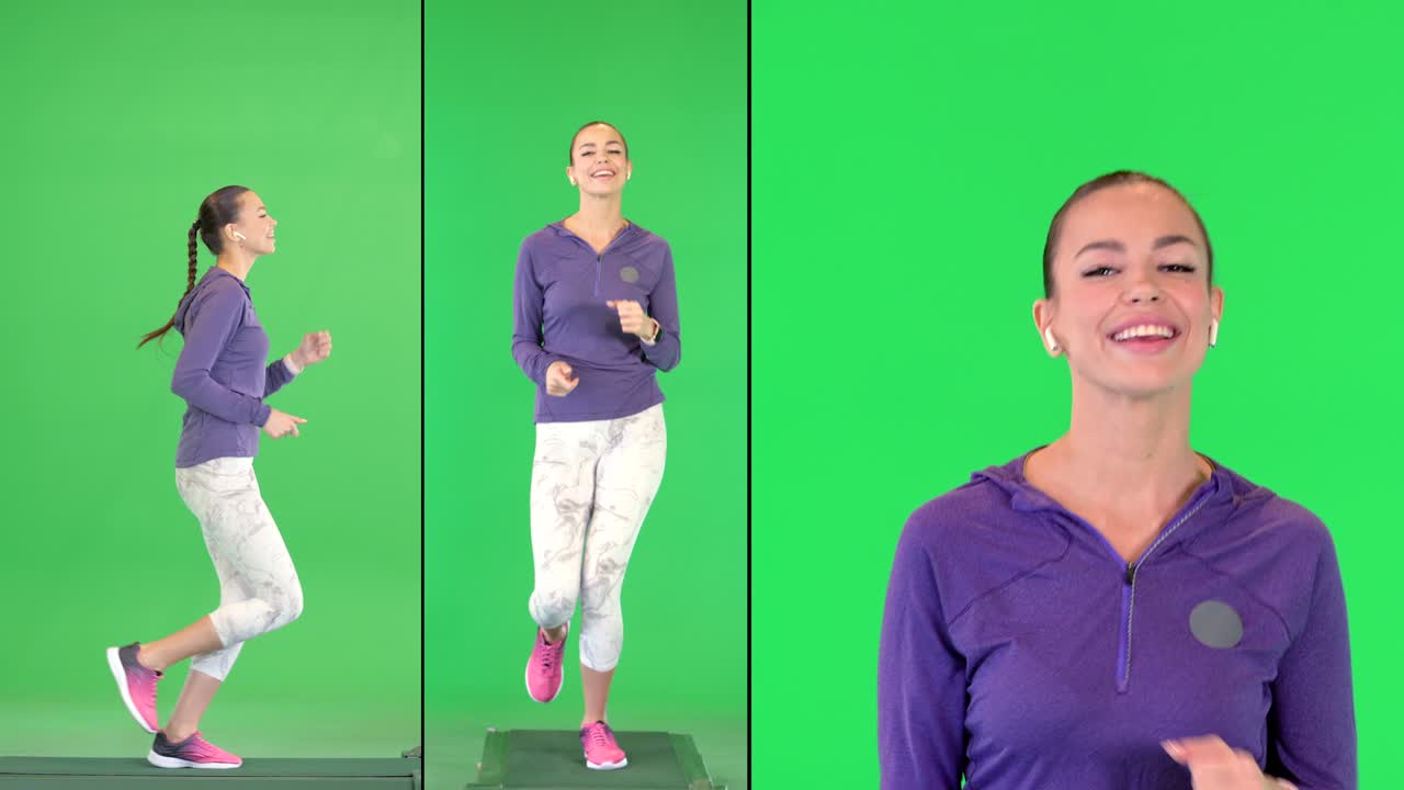 녹색 스크린, 크로마 키에서 실행하는 동안 무선 귀문으로 음악을 듣는 활발한 생활 여성