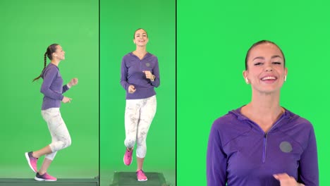 mujer activa escuchando música con auriculares inalámbricos mientras se ejecuta en una pantalla verde, clave de croma