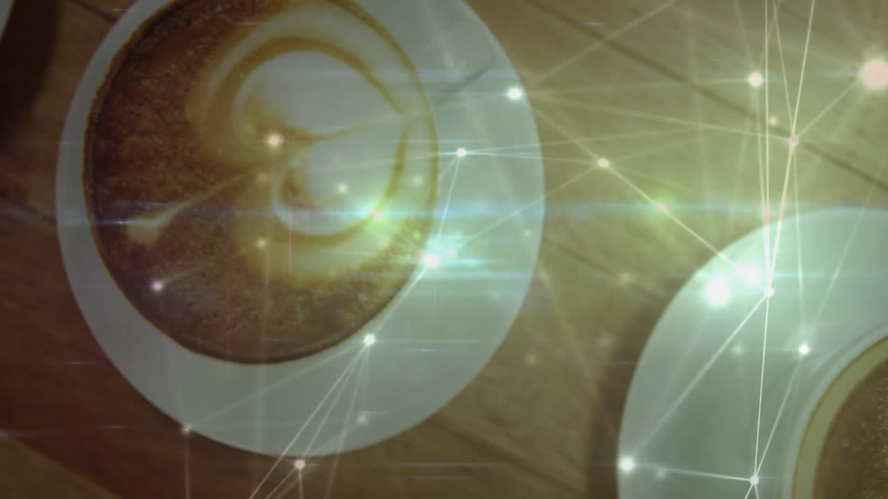 White ceramic coffee cup with latte swirl floating on table creating glowing network overlay in 3D