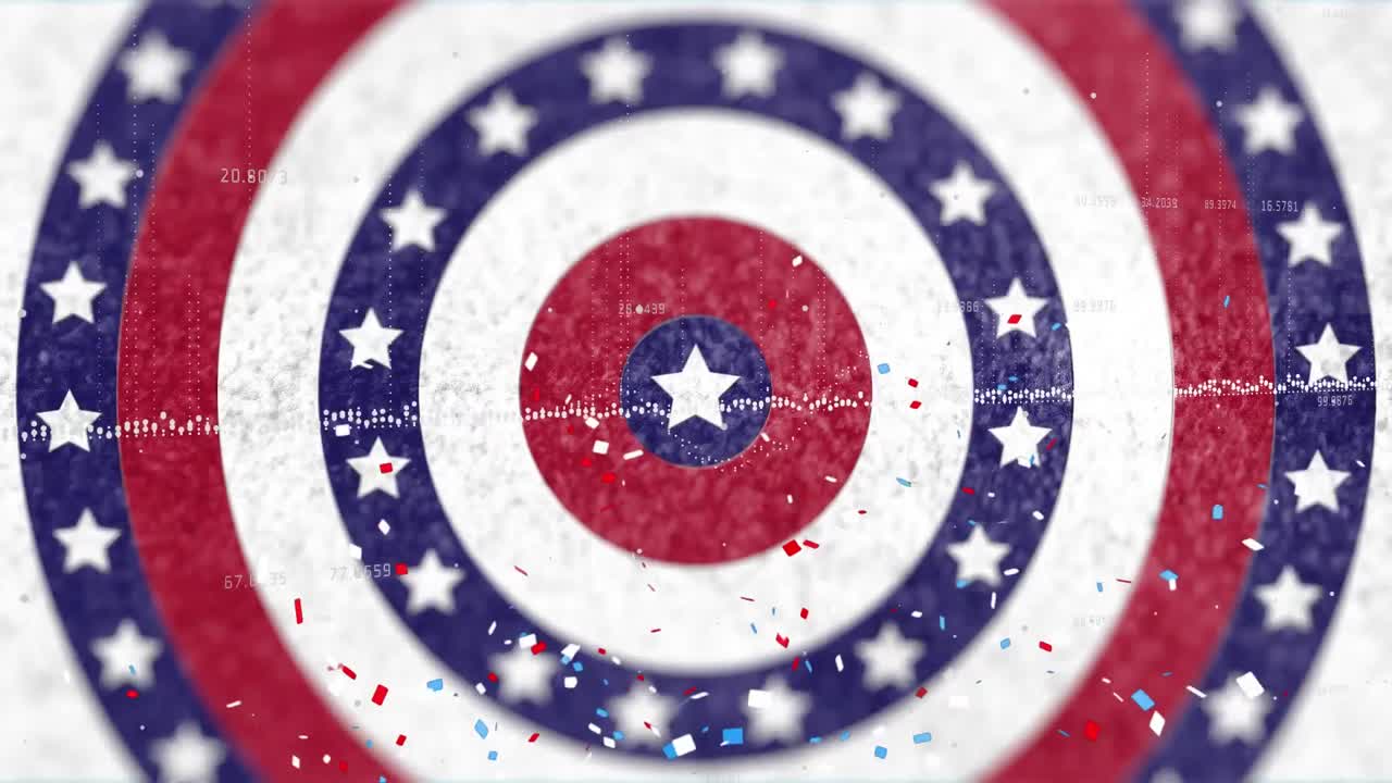Animation of confetti falling over american flag stars and coloured on circles