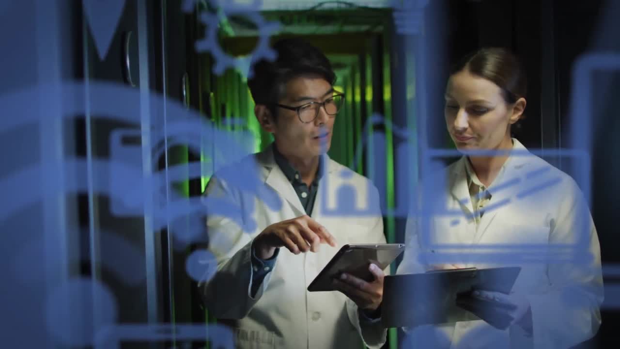 Animation of data processing, diverse male and female it engineers with tablet by computer servers
