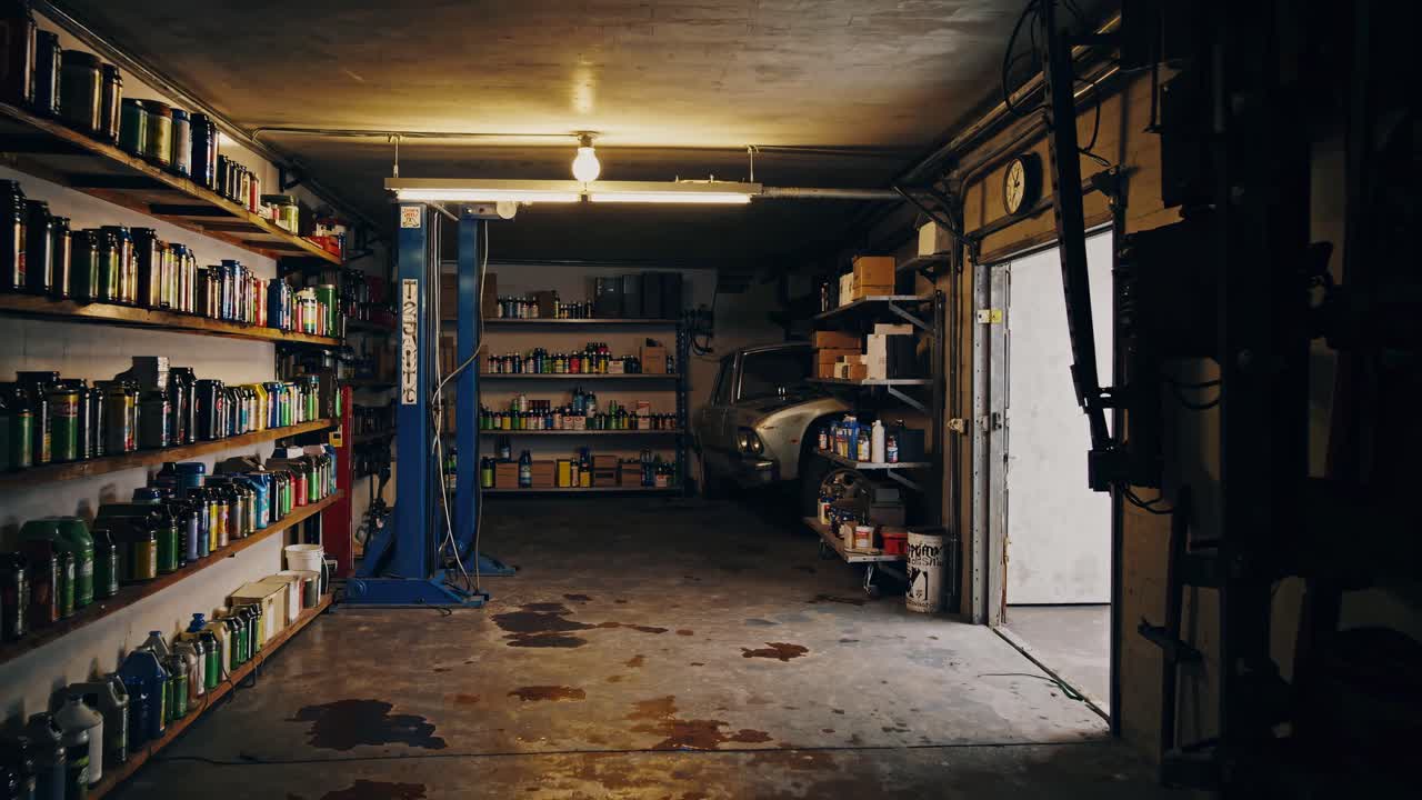 Inquadratura grandangolare di un garage in penombra con scaffali di forniture e un'auto d'epoca.