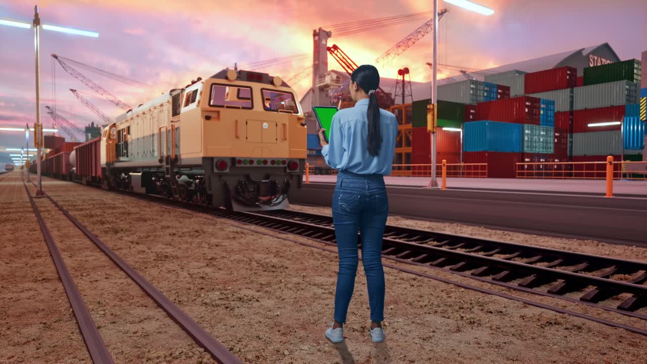 Full Body Back View Of Asian Female With Green Screen Tablet With Freight Cargo Train At Port, Industrial Facility