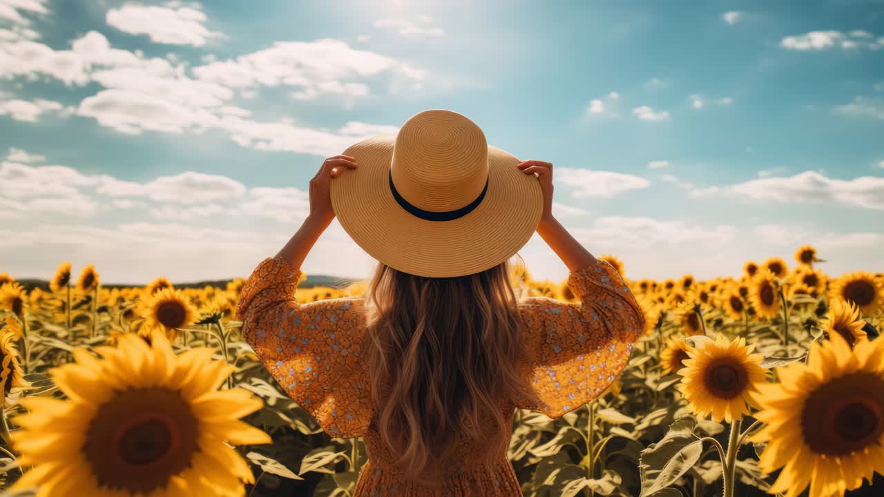 Back view of a woman in a sunflower field, wearing a hat under a bright sky