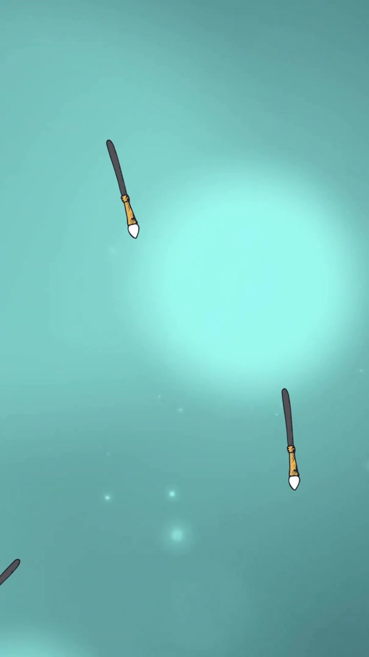 Animation of eyeshadow makeup brushes falling on blue background with light spots