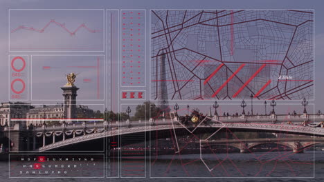 animación de la interfaz con procesamiento de datos frente a la vista de la torre eiffel y el puente de la ciudad.