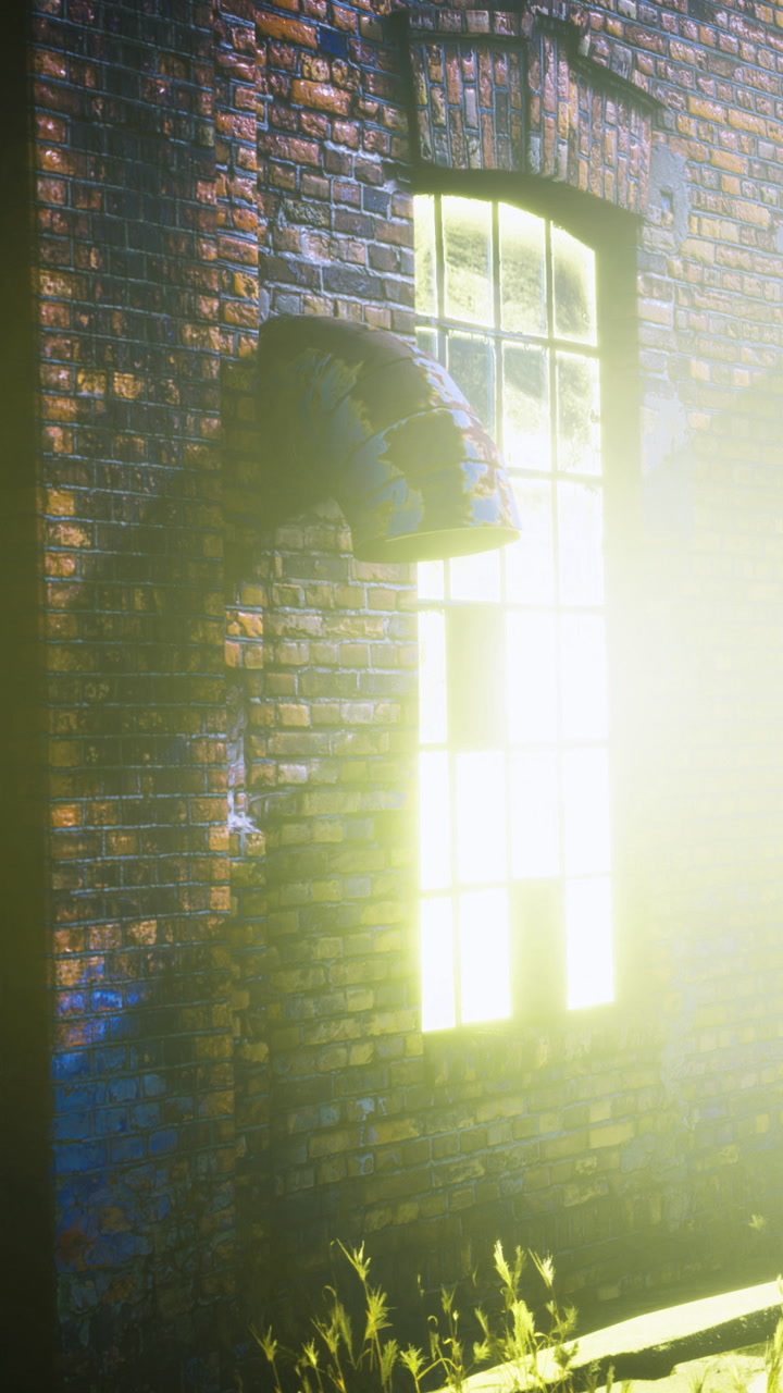 Light shines through a window in an old brick building during the evening