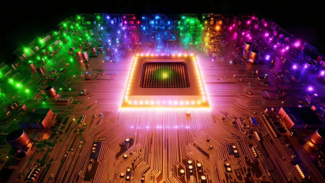 A Stunning Visual Display of a Colorful Circuit Board Featuring a Central Processing Unit Surrounded by Vibrant LED Lights, Represents the Intersection of Technology and Art