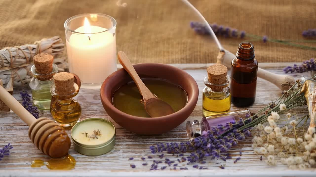 Uçucu yağlar, mumlar ve lavanta ile rustik ahşap üzerinde aromaterapi düzeninin yukarıdan aşağıya videosu