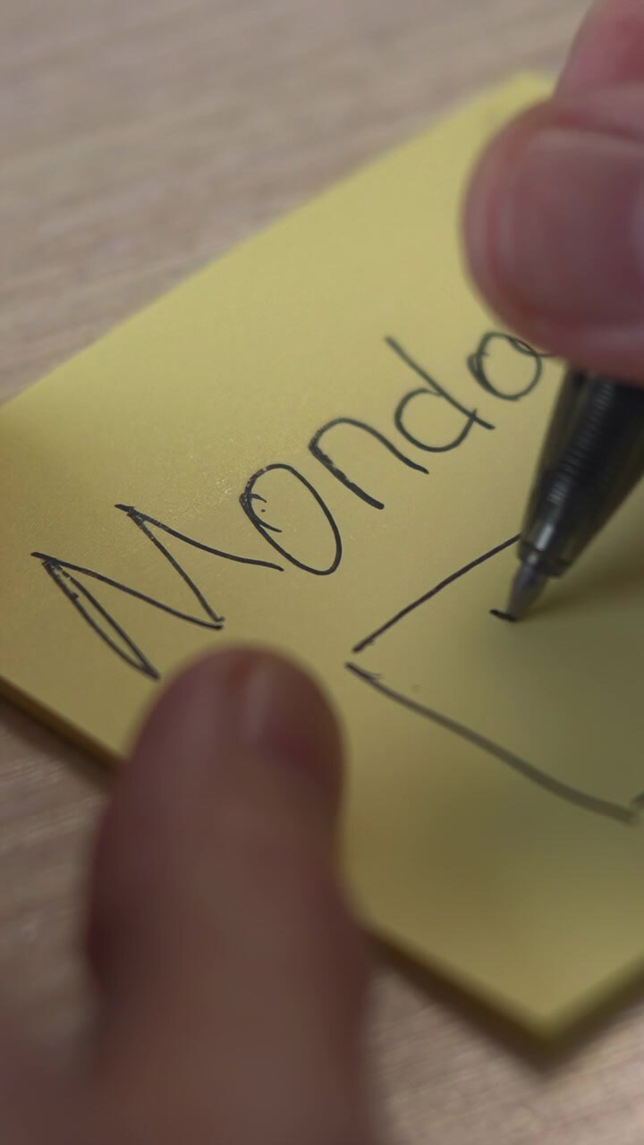 Yellow Sticky Note Monday Checkbox Ticked By White Hand, Project Manager Marking Task Complete On Wooden Desk. Media