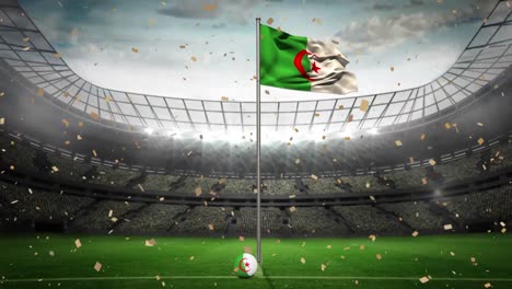 animation of confetti falling over waving algeria flag and soccer ball against sports stadium