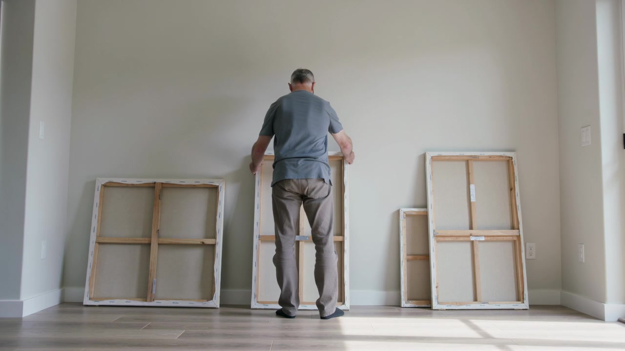 Noticing gap lifting man in gray tee and cap aligning central canvas in bright room, canvases
