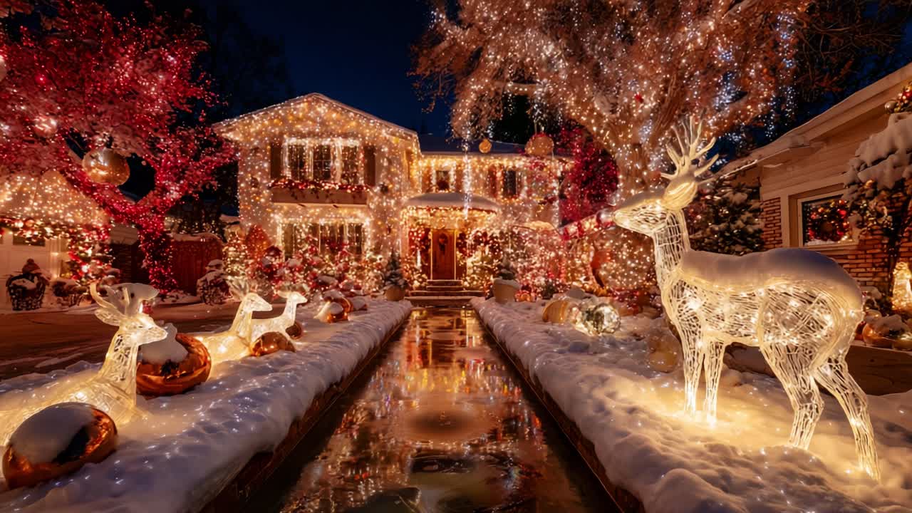 A Magical Winter Wonderland with Twinkling Lights: The Enchanting Transformation of a Festive Home Decorated for Christmas with Glowing Reindeer and Shimmering Ornaments