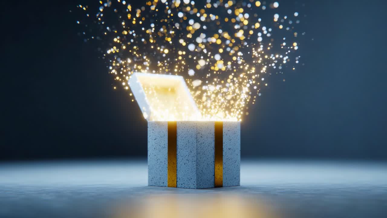 A Mysterious Gift Box Unveiling Mesmerizing Lights and Sparkles: Witness the Magic of Wonder as it Bursts Open, Revealing a Captivating Display of Shimmering Lights and Joyful Energy