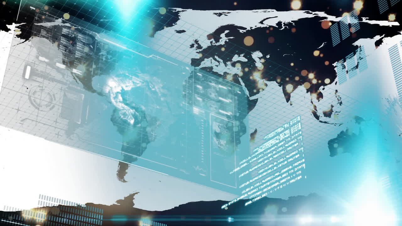 Animation of world map with glowing blue digital data overlay effects