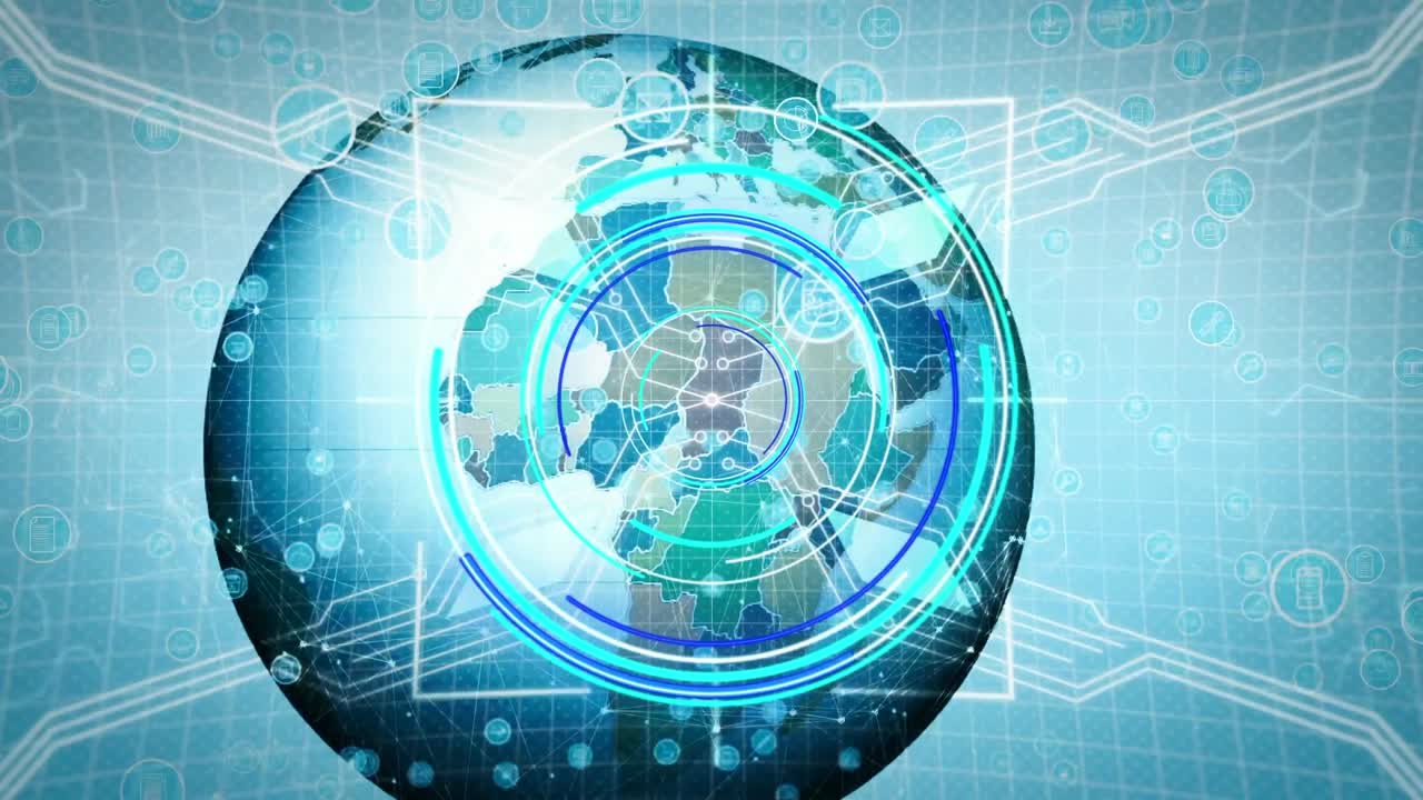 전 세계와 미디어 아이콘에 대한 범위 스캐닝의 애니메이션