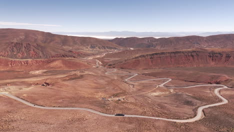 Aerial-Drone-Ascending-Pull-Overlooking-Route-52-Winding-And-Curving-Through-The-Desert-Mountains-In-Jujuy-Province,-Argentina