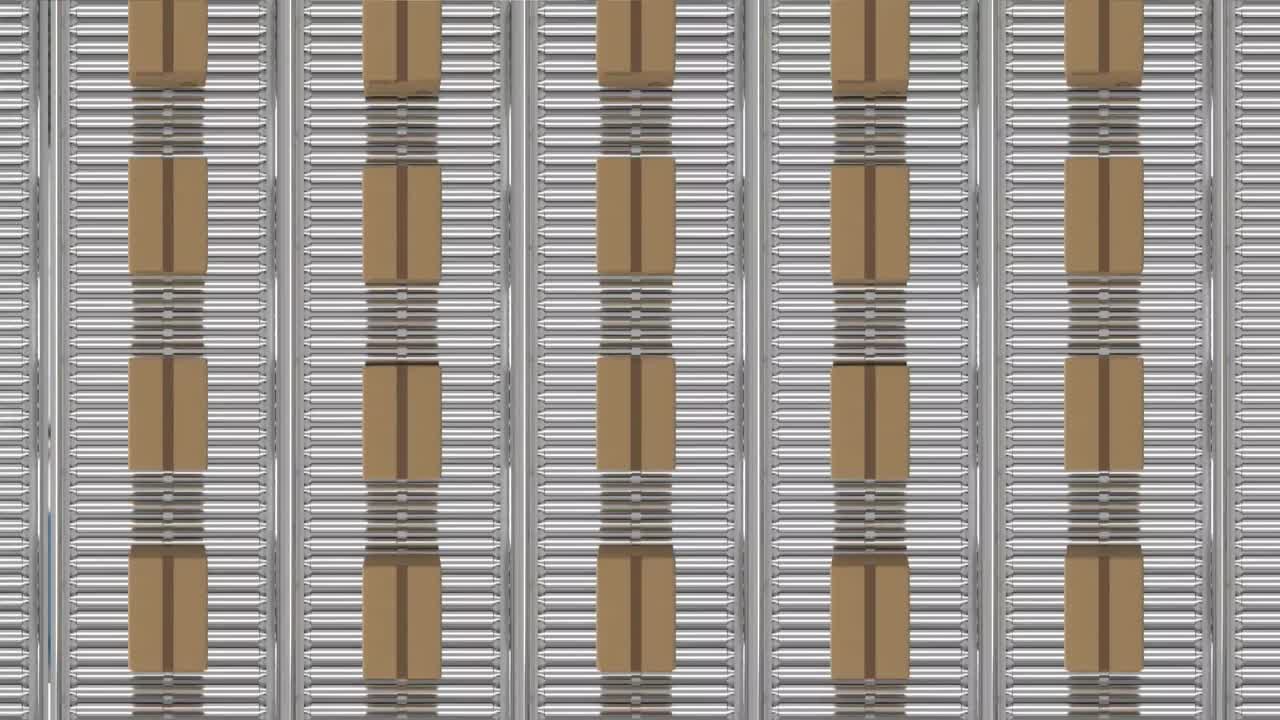 컨베이어 벨트에 있는 여러 배달 상자의 상상식의 디지털 애니메이션