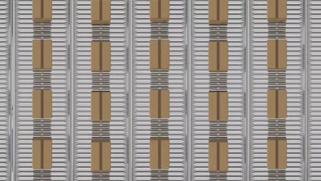 Digital animation of overhead view of multiple delivery boxes on conveyor belt
