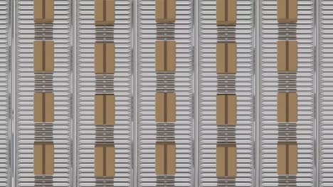 digital animation of overhead view of multiple delivery boxes on conveyor belt