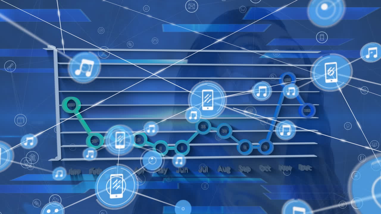 animación de la red de datos de iconos de medios sobre el gráfico en fondo azul