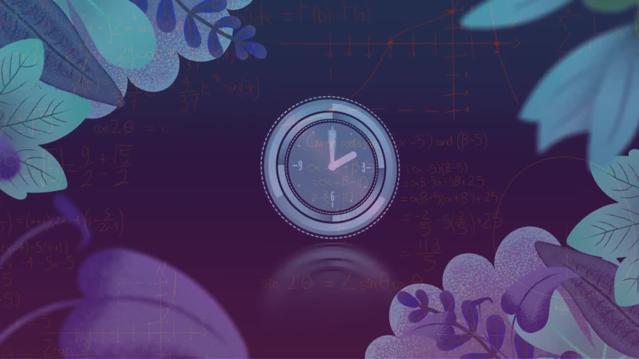 анимация листьев с часами над математическими уравнениями на черном фоне