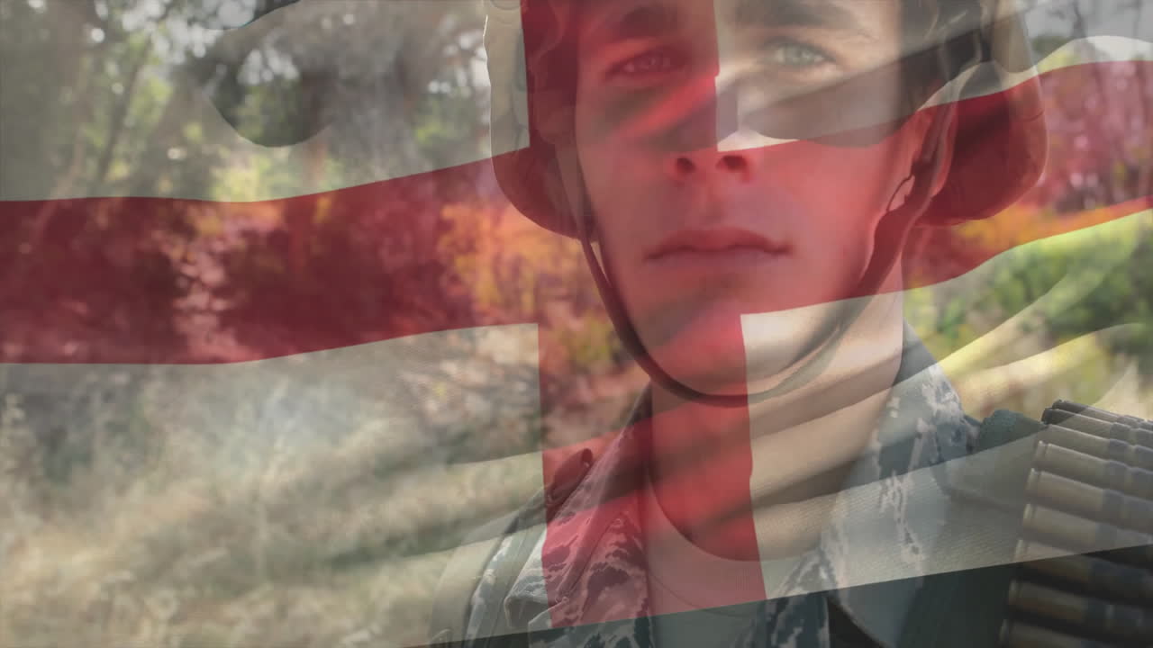 Animation overlay of red and white cross flag on soldier with closed eyes