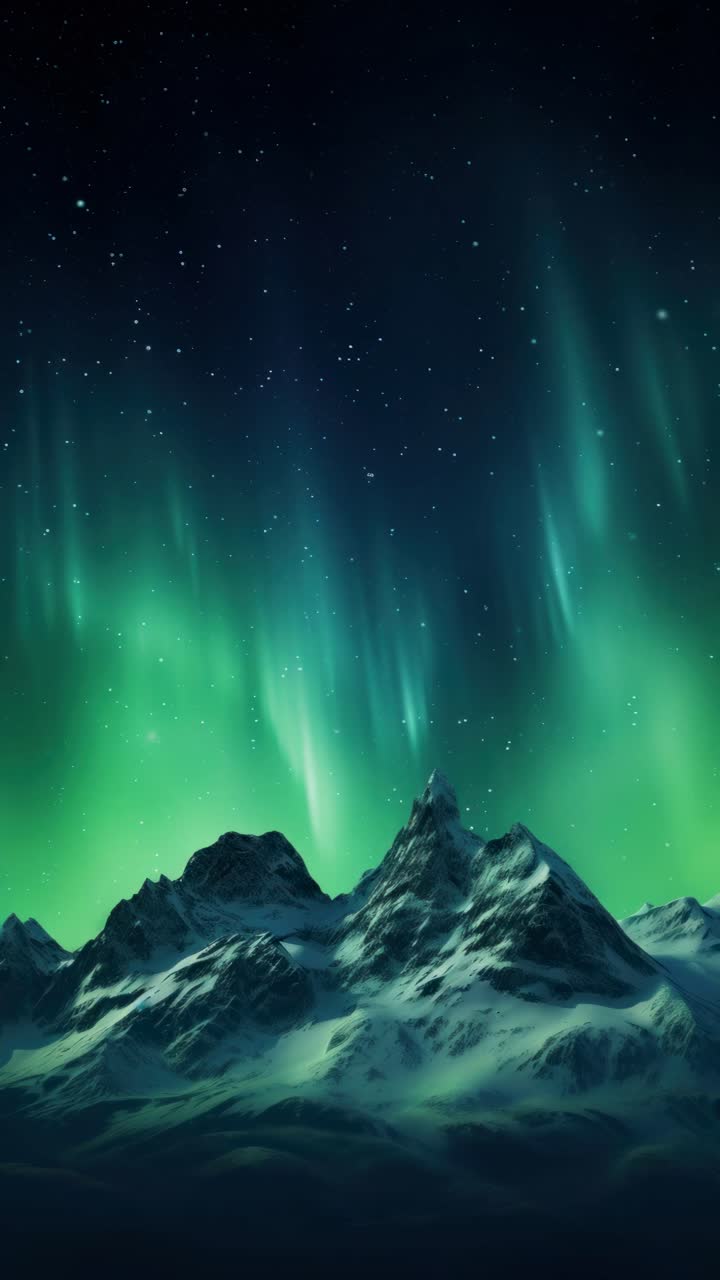 A mesmerizing video concept of northern lights over snowy peaks, captured from a low angle