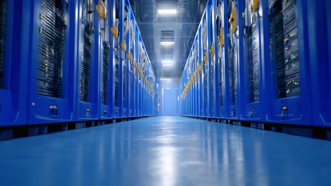 A Serene Perspective Inside a High-Tech Server Room with Symmetrical Rows of Blue Cabinets and a Glowing Pathway Leading to the Horizon of Digital Infrastructure