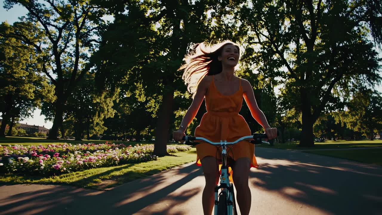 En filmatisk video viser en kvinne som sykler gjennom en solbelyst park.